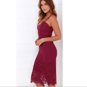 KEEPSAKE INTERLUDE BERRY RED LACE MIDI DRESS